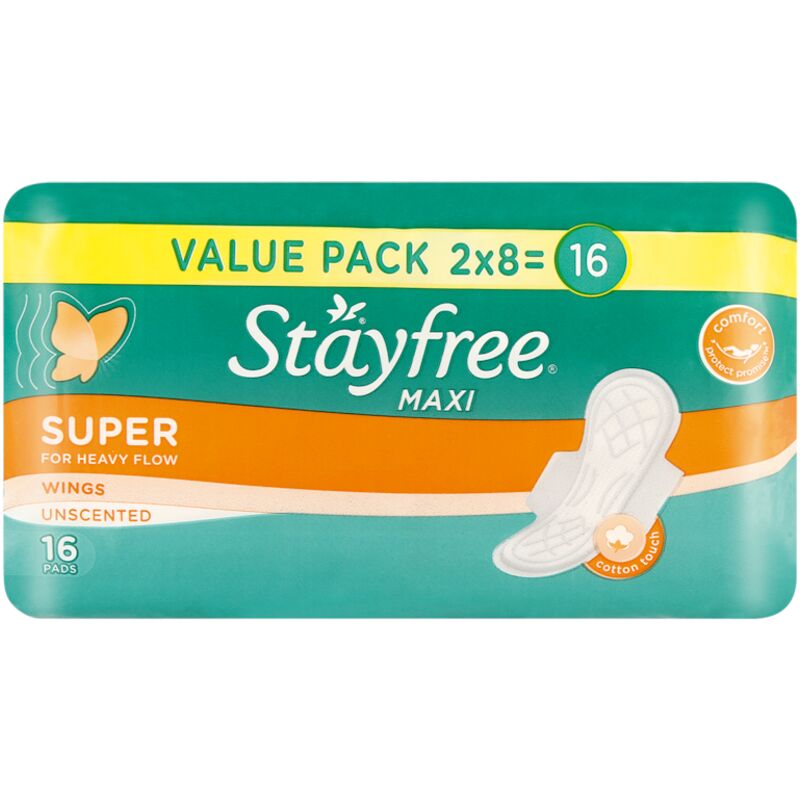 STAYFREE MAXI THICK SUPER UNSCENTED PADS – 16S